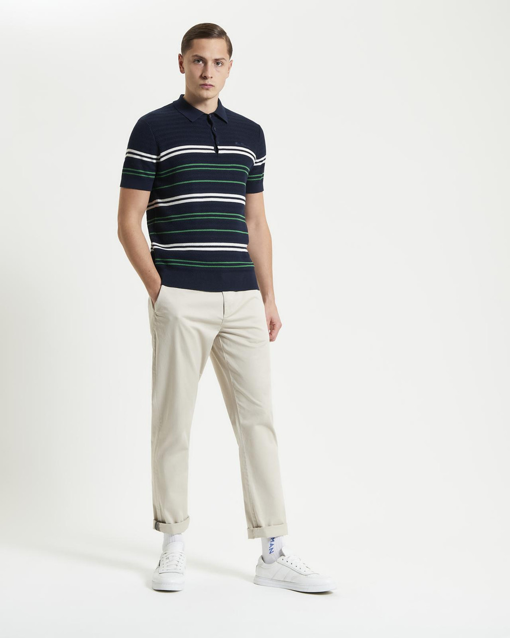 Herringbone Stripe Knitted Polo in Dark Navy