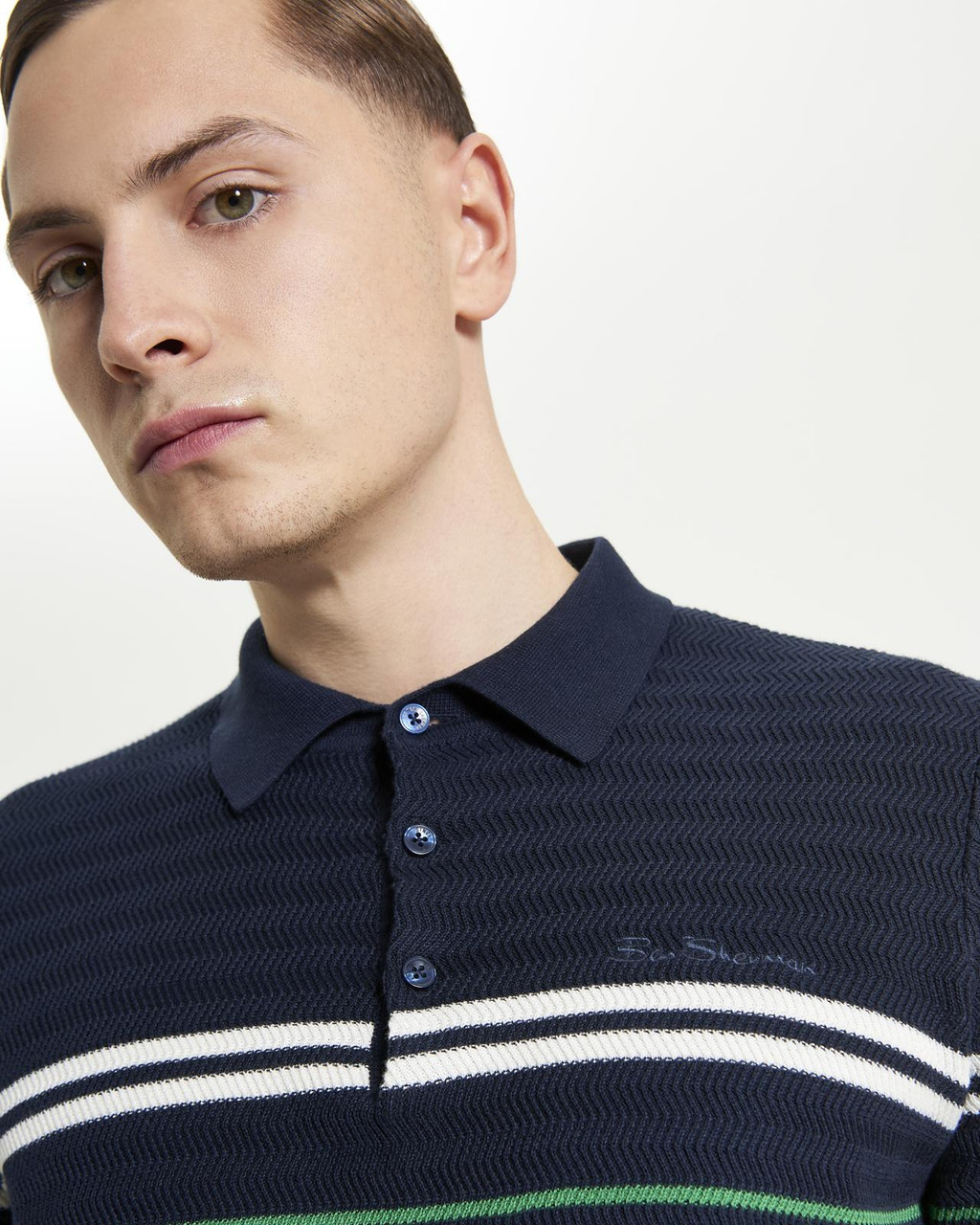 Herringbone Stripe Knitted Polo in Dark Navy