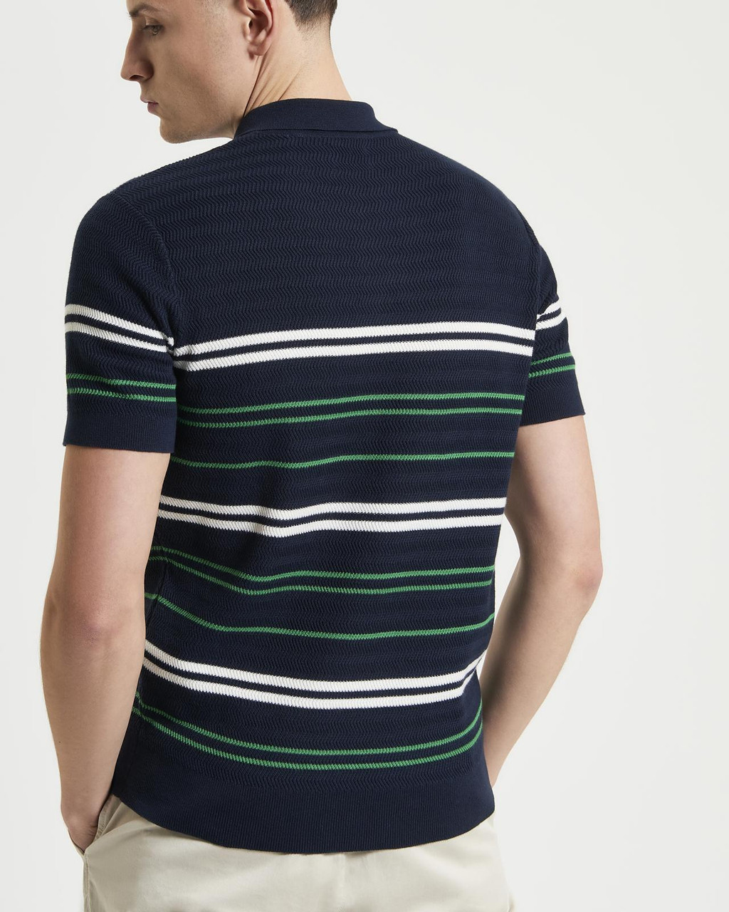 Herringbone Stripe Knitted Polo in Dark Navy