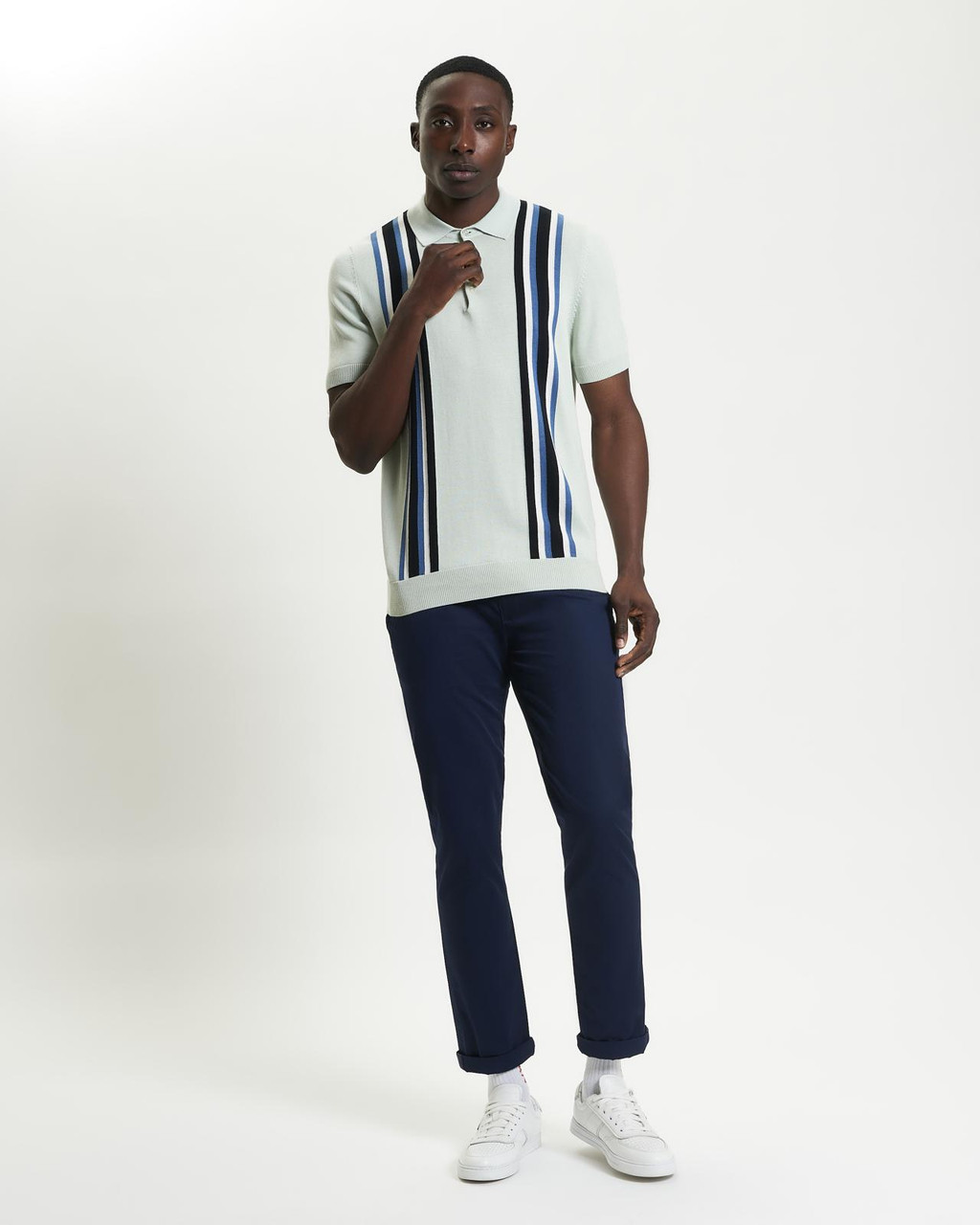 Vertical Stripe Knitted Polo in Light Green