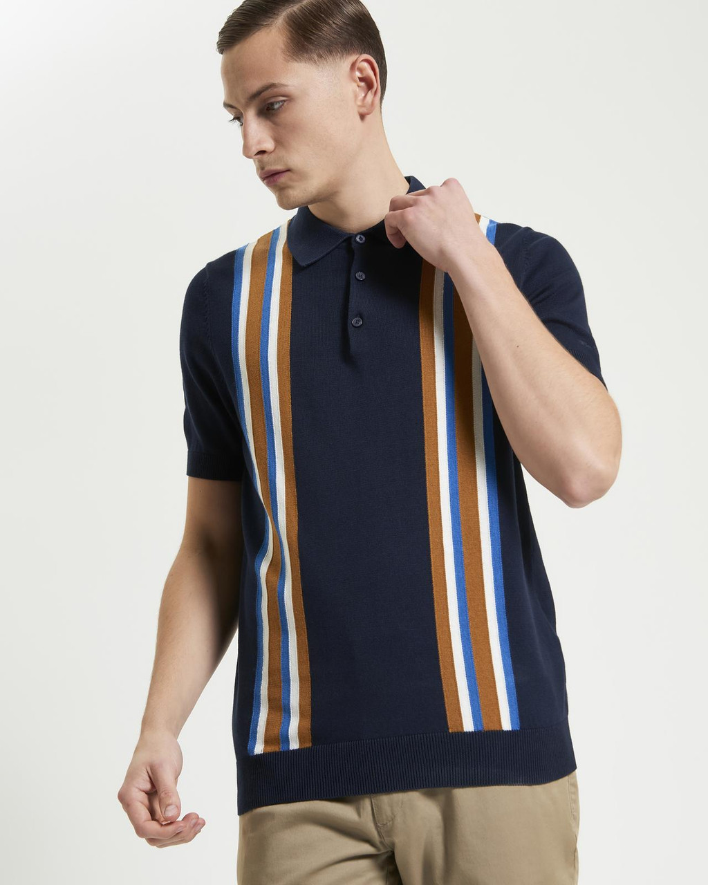 Vertical Stripe Knitted Polo in Dark Navy