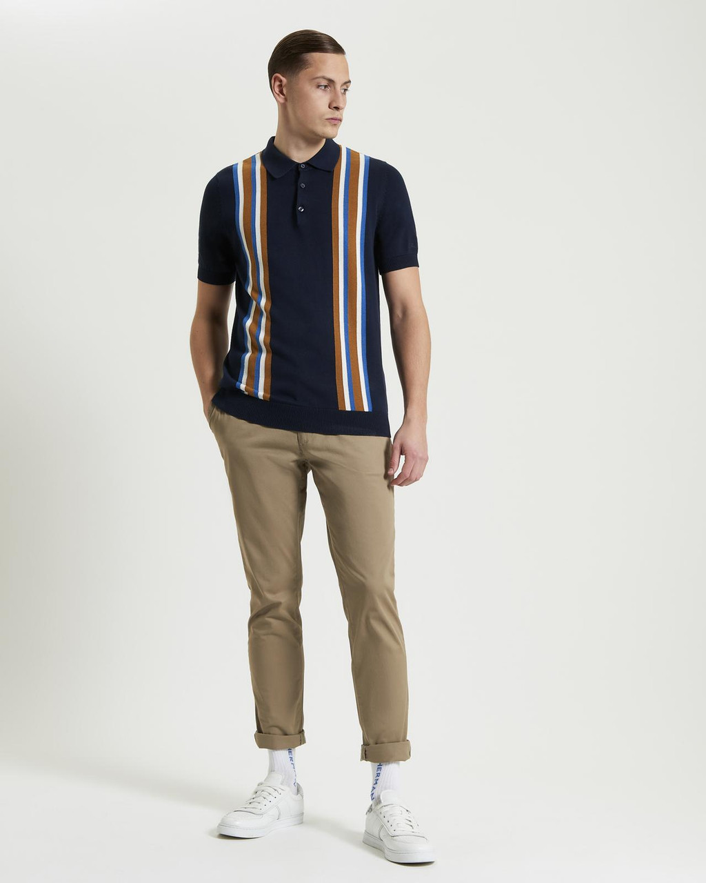 Vertical Stripe Knitted Polo in Dark Navy
