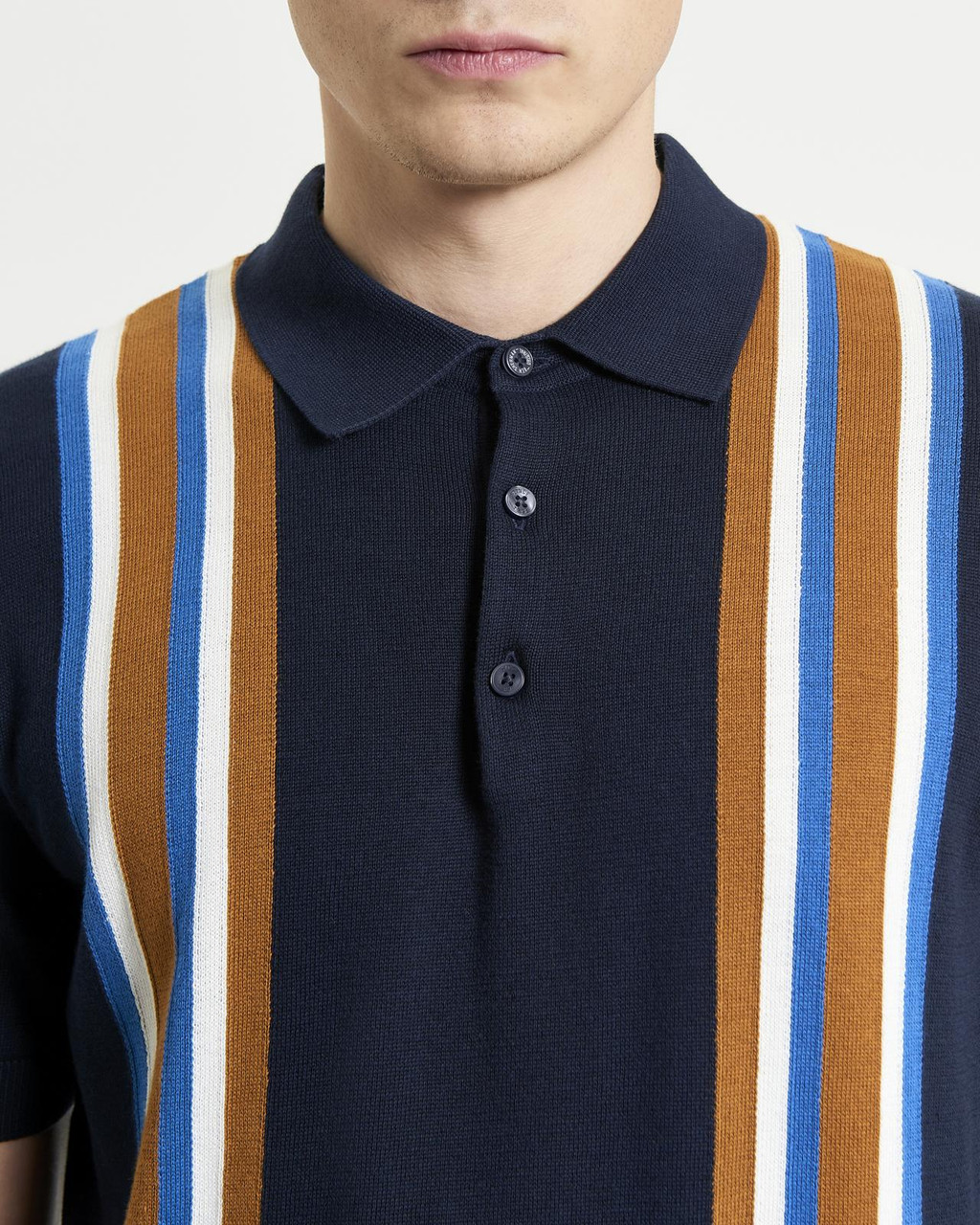 Vertical Stripe Knitted Polo in Dark Navy