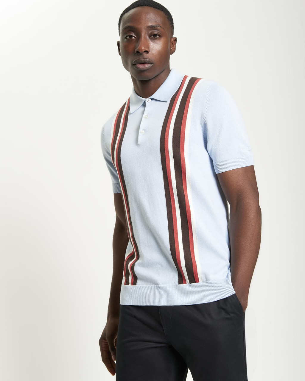 Vertical Stripe Knitted Polo in Ice Blue
