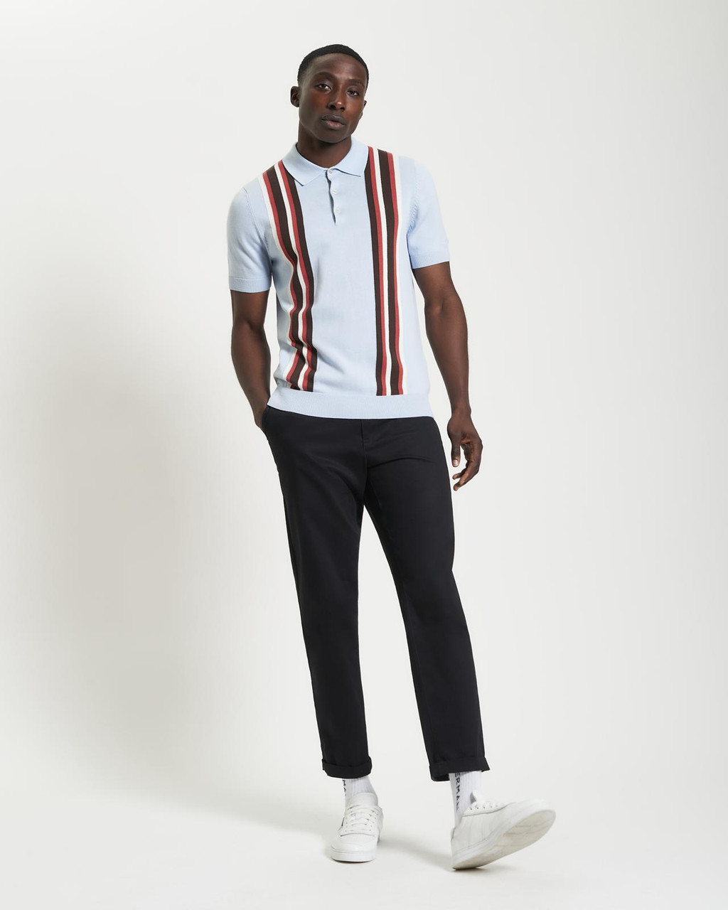 Vertical Stripe Knitted Polo in Ice Blue