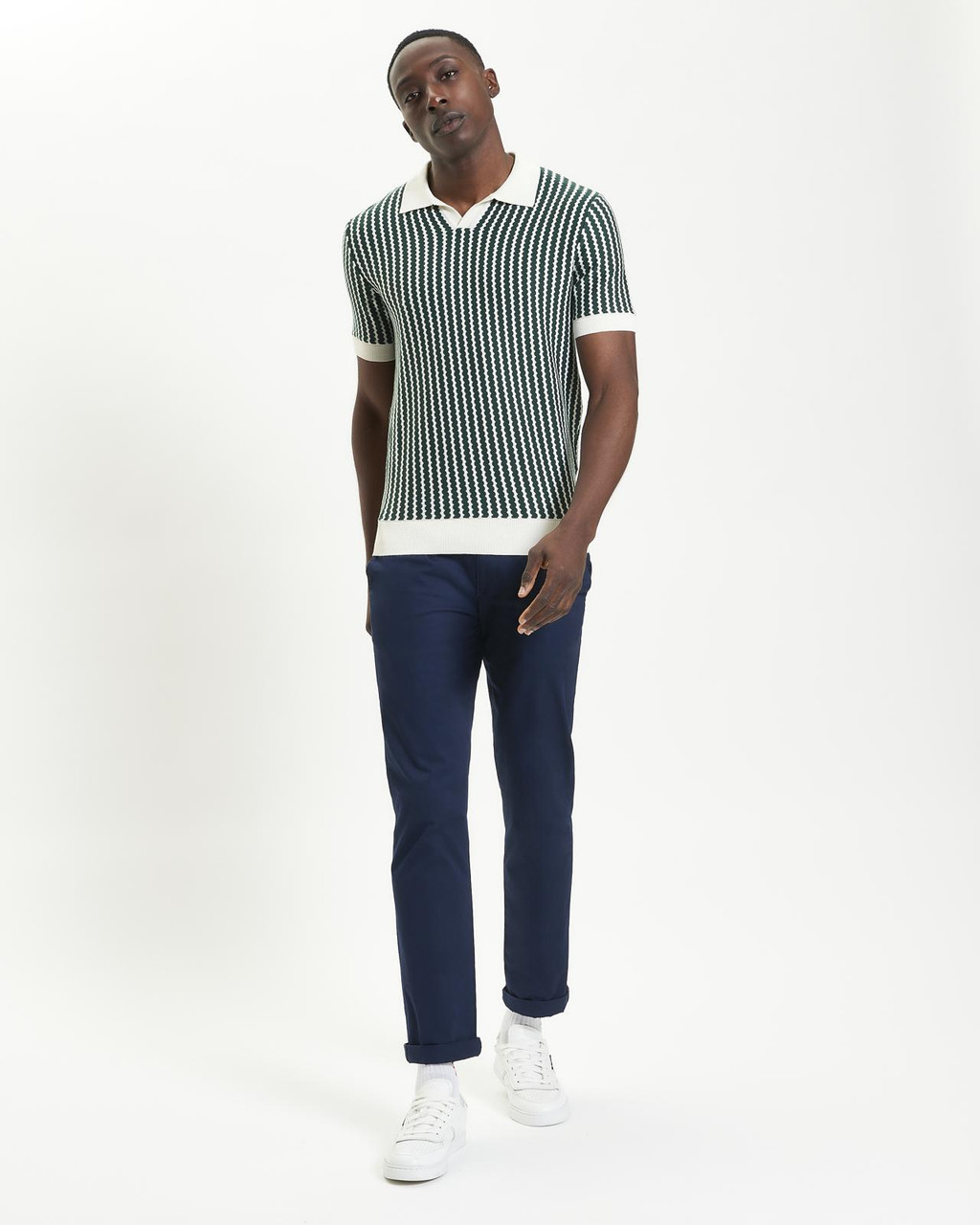 Vertical Wave Knitted Polo in Snow White