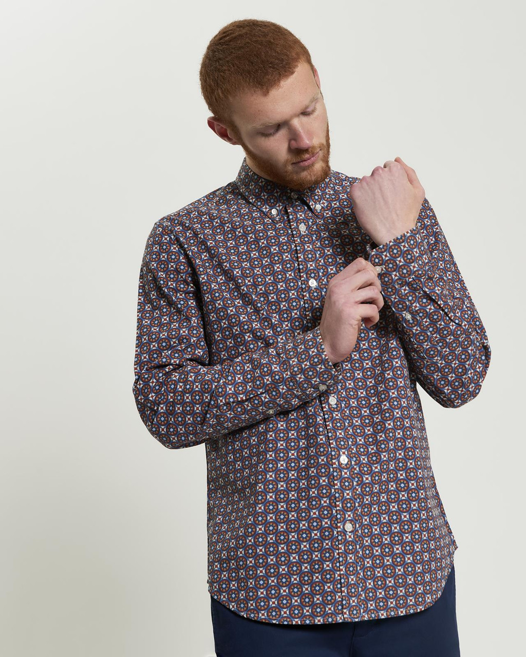 Long Sleeve Block Foulard Print Shirt in Fog