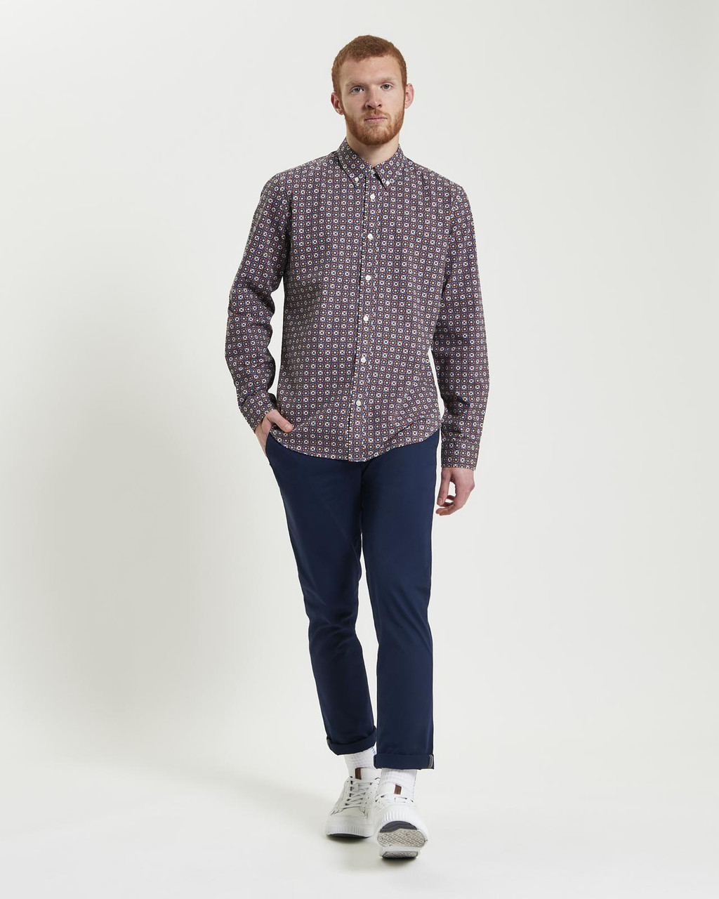 Long Sleeve Block Foulard Print Shirt in Fog