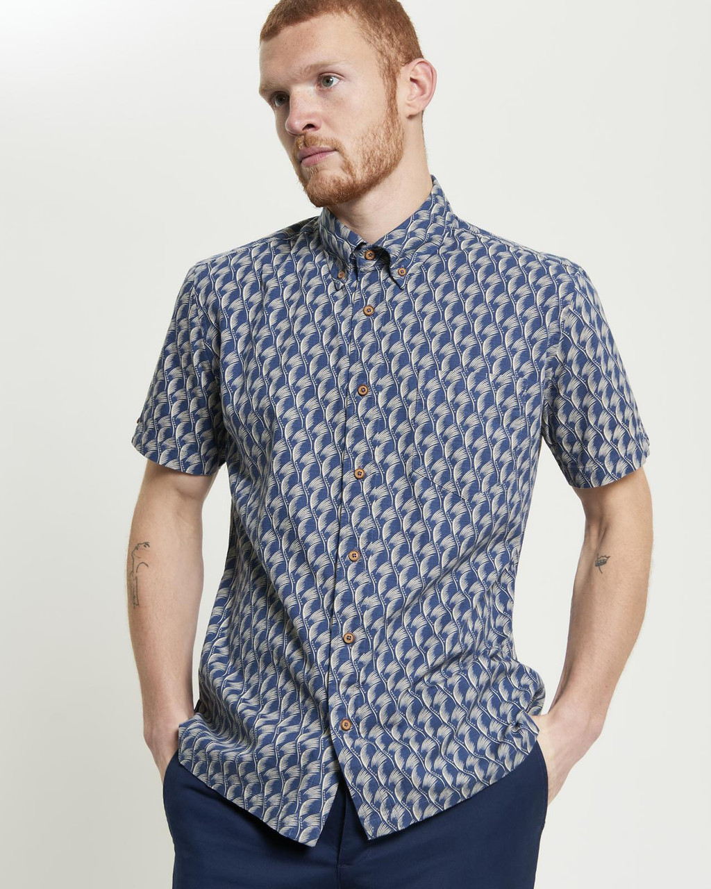 Block Leaf Print Shirt in Indigo
