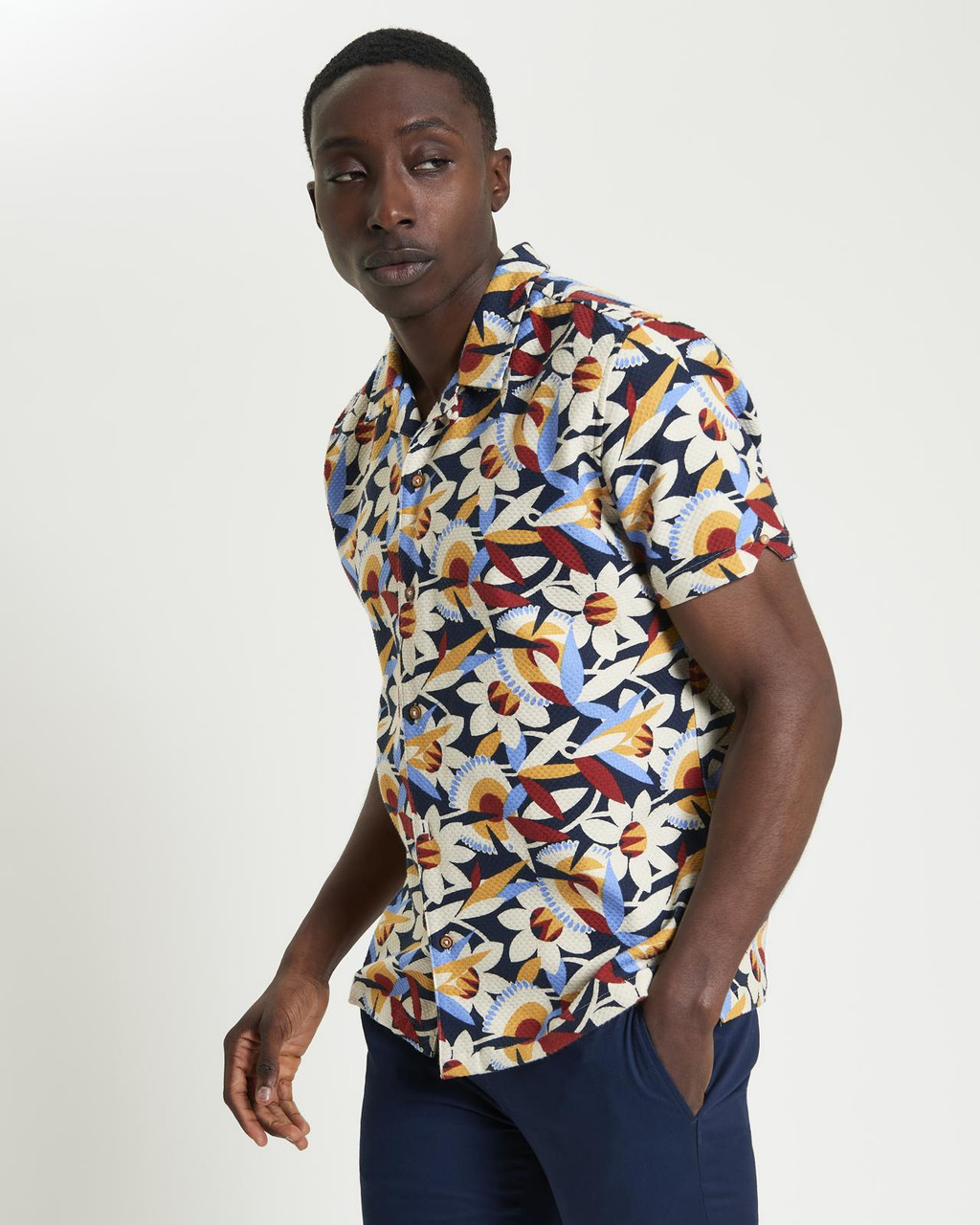 Short Sleeve Abstract Floral Shirt in Dark Navy