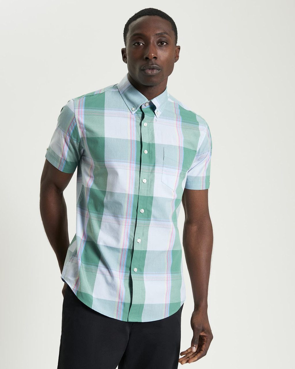 Short Sleeve Multicolour Overcheck Shirt in Forest