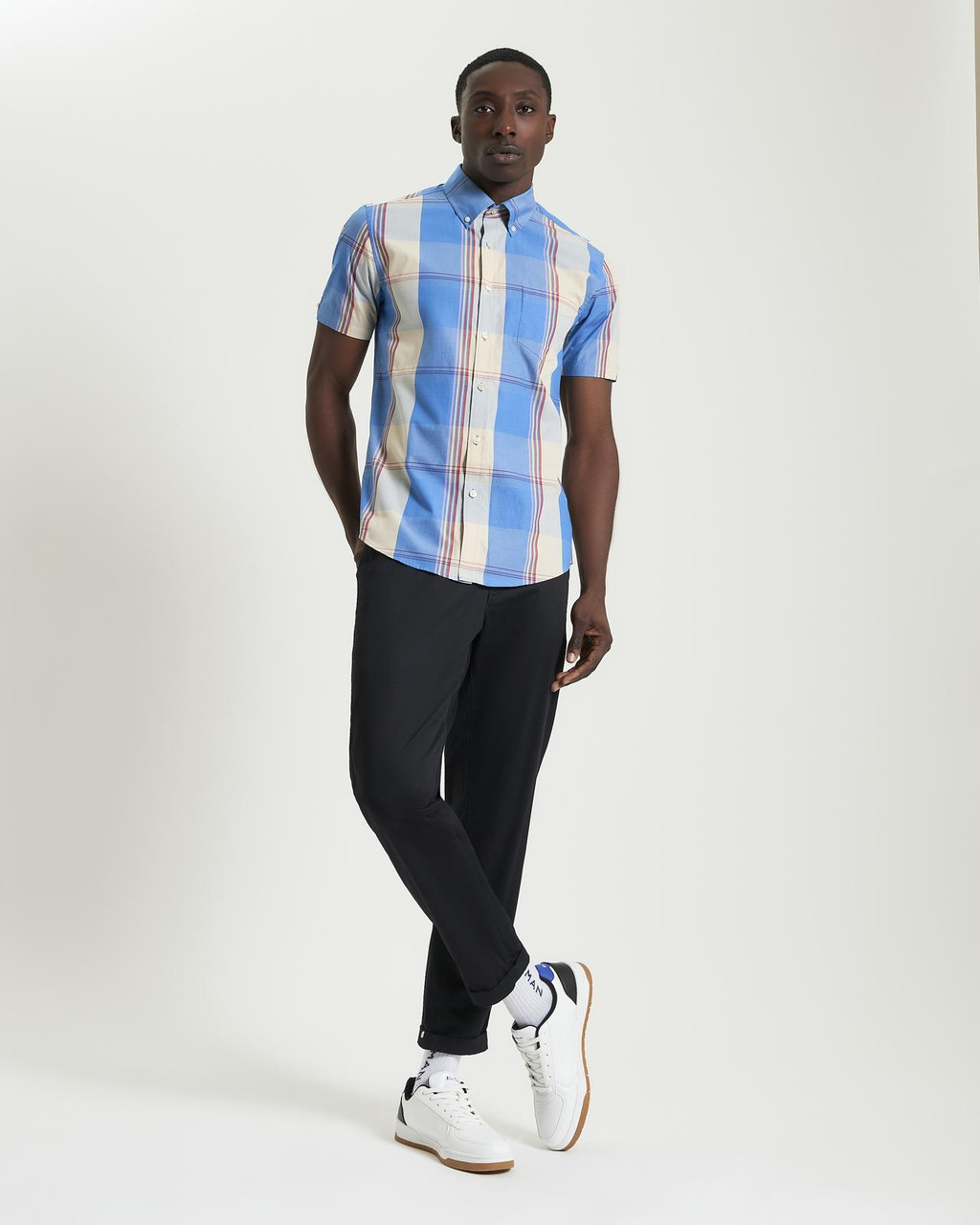 Short Sleeve Multicolour Overcheck Shirt in Kingfisher