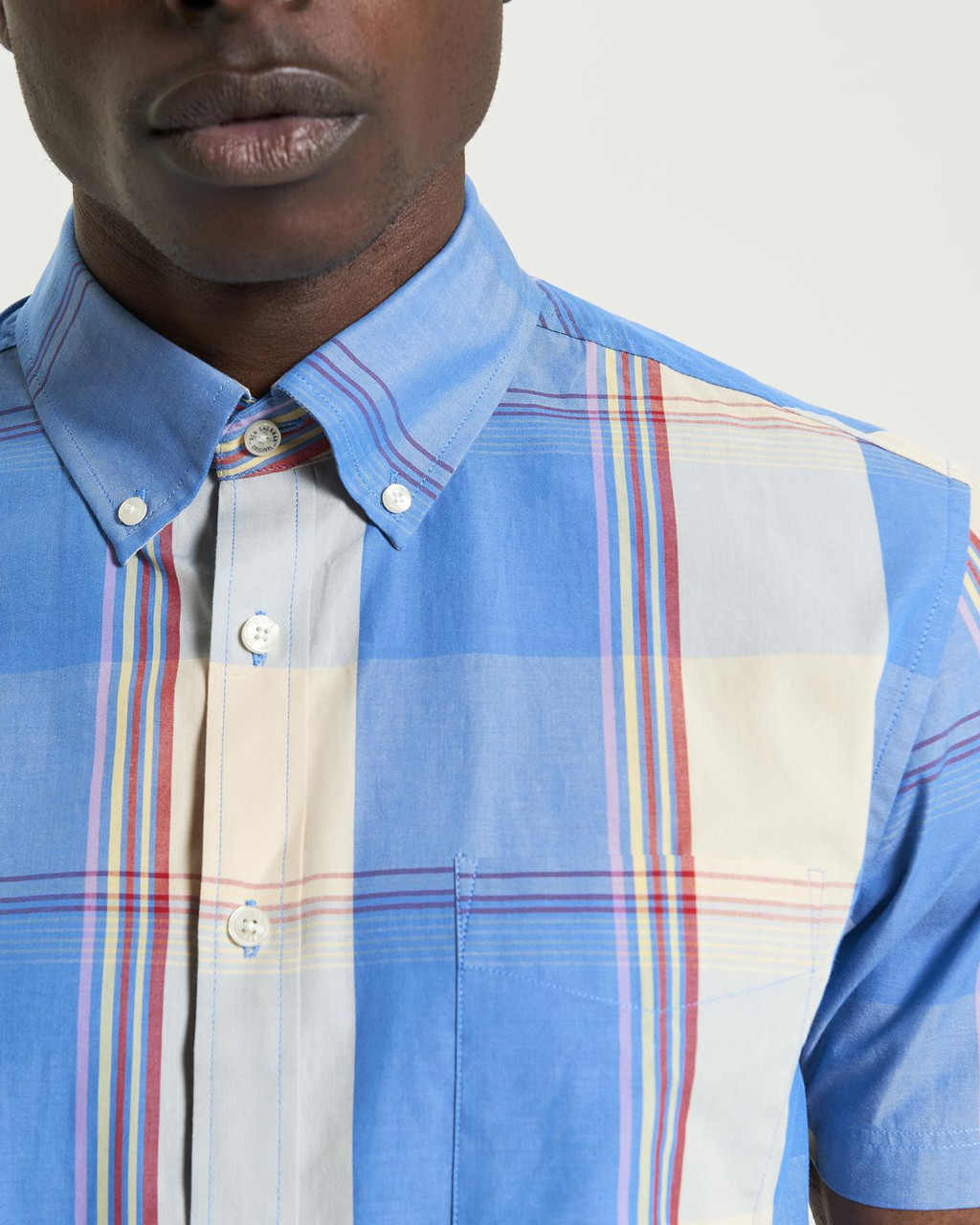 Short Sleeve Multicolour Overcheck Shirt in Kingfisher