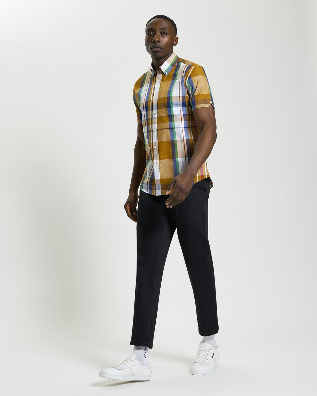 Short Sleeve Large Madras Check Shirt in Caramel
