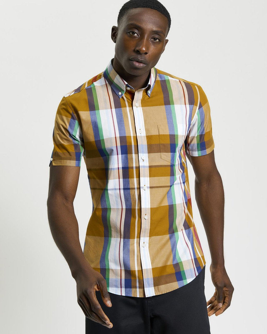 Short Sleeve Large Madras Check Shirt in Caramel