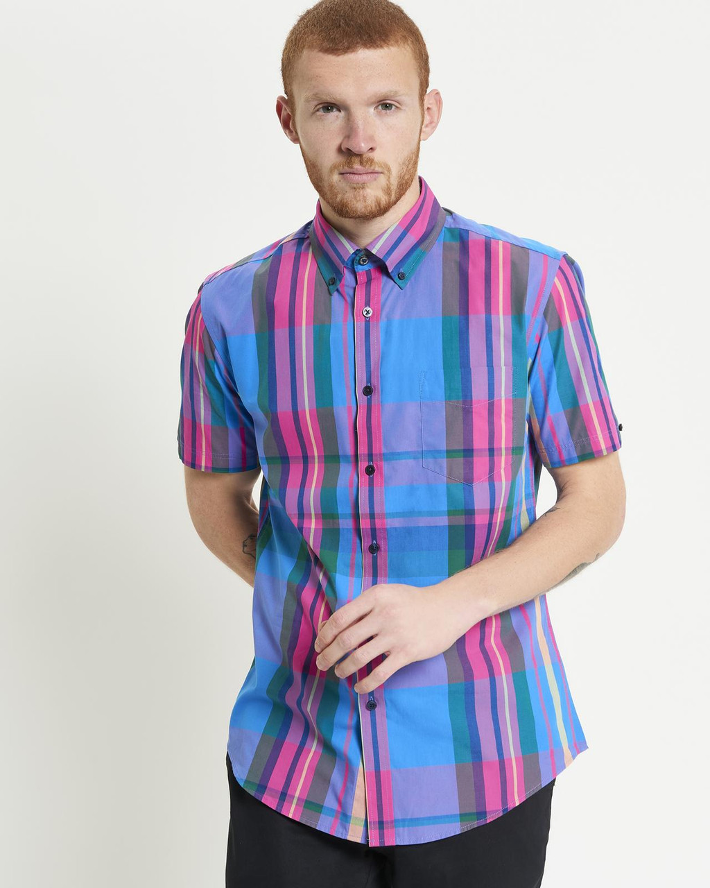Short Sleeve Large Madras Check Shirt in Kingfisher