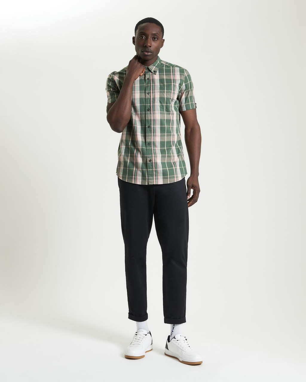 Short Sleeve Slub Check Shirt in Deep Jungle