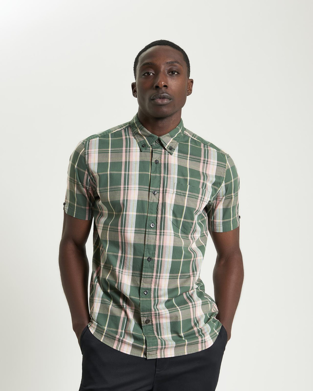 Short Sleeve Slub Check Shirt in Deep Jungle