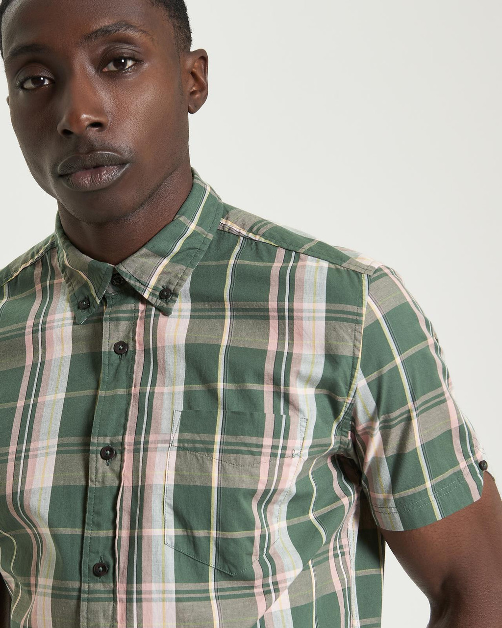 Short Sleeve Slub Check Shirt in Deep Jungle