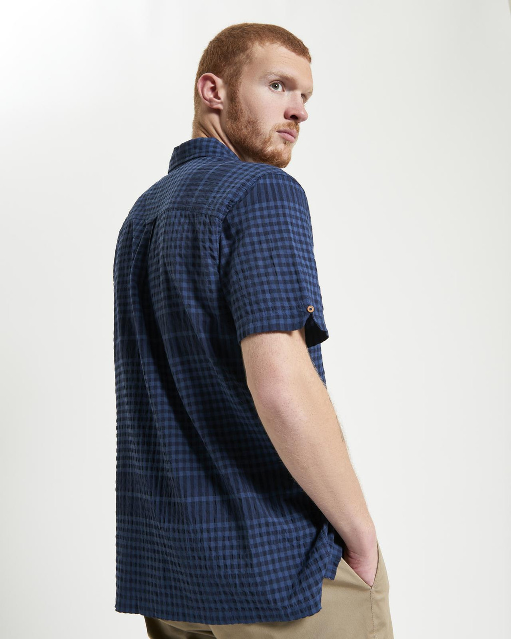 Short Sleeve Seersucker Gingham Shirt in Dark Navy