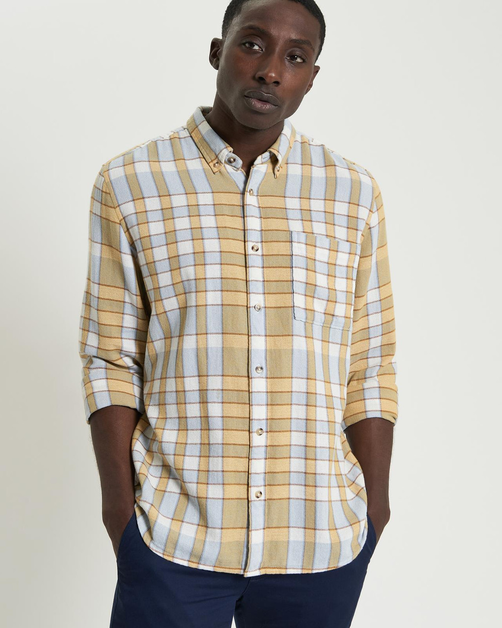 Long Sleeve Crepe Check Shirt in Dusky Blue