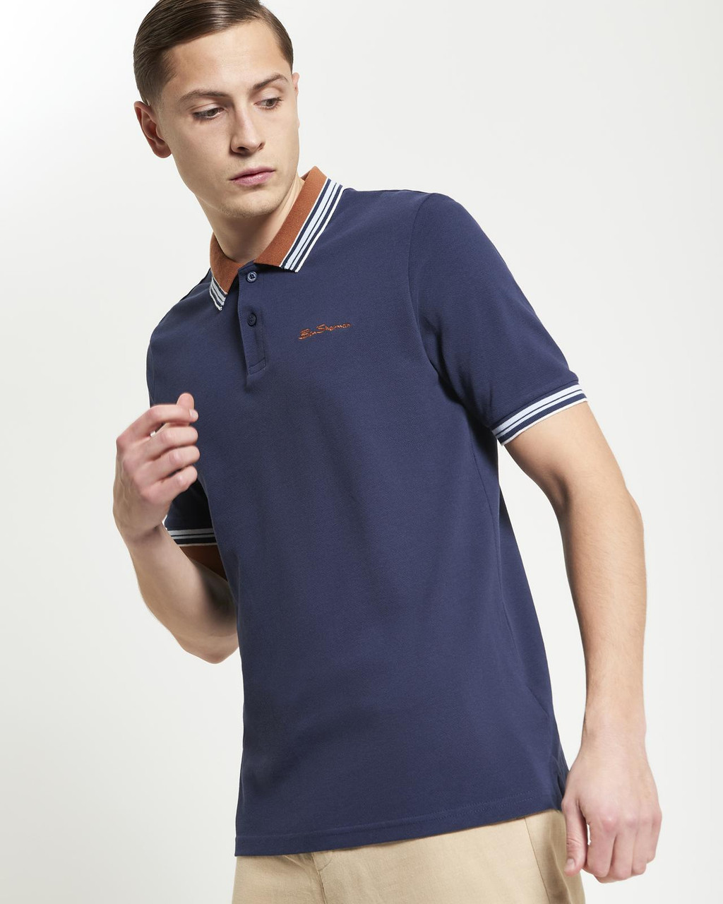 House Collar Contrast Stripe Tipped Polo in Dark Navy