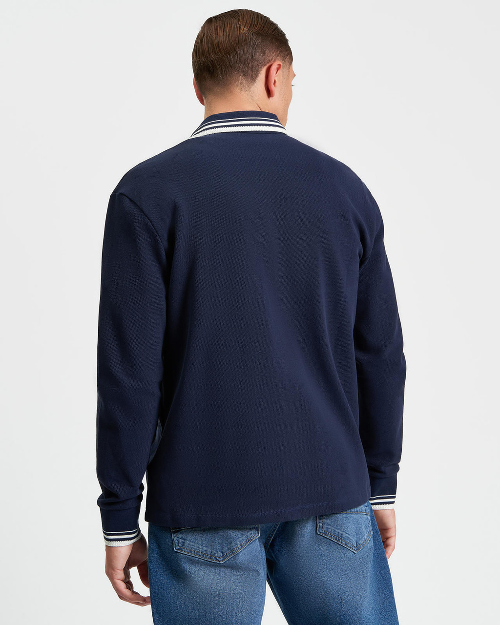 Tipped Long Sleeve Polo in Dark Navy