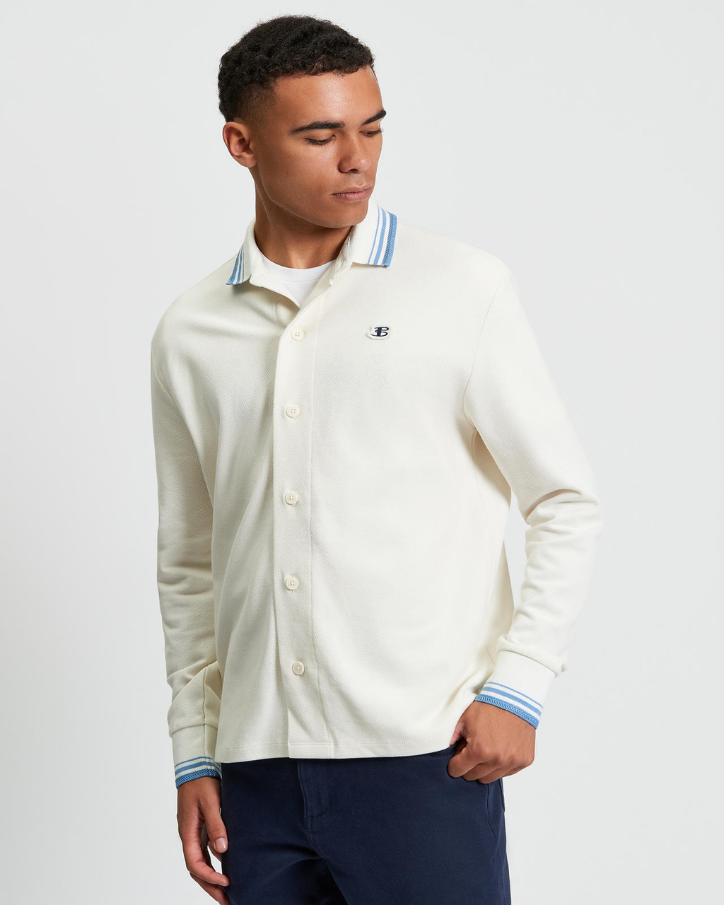 Tipped Long Sleeve Polo in Snow White