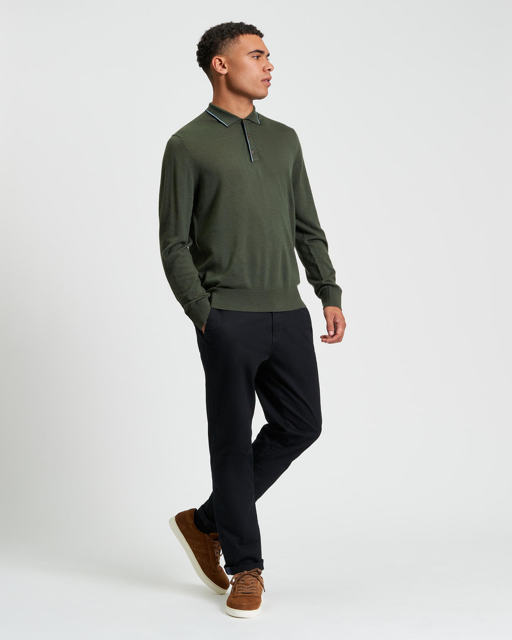 TIPPED MERINO POLO in Khaki