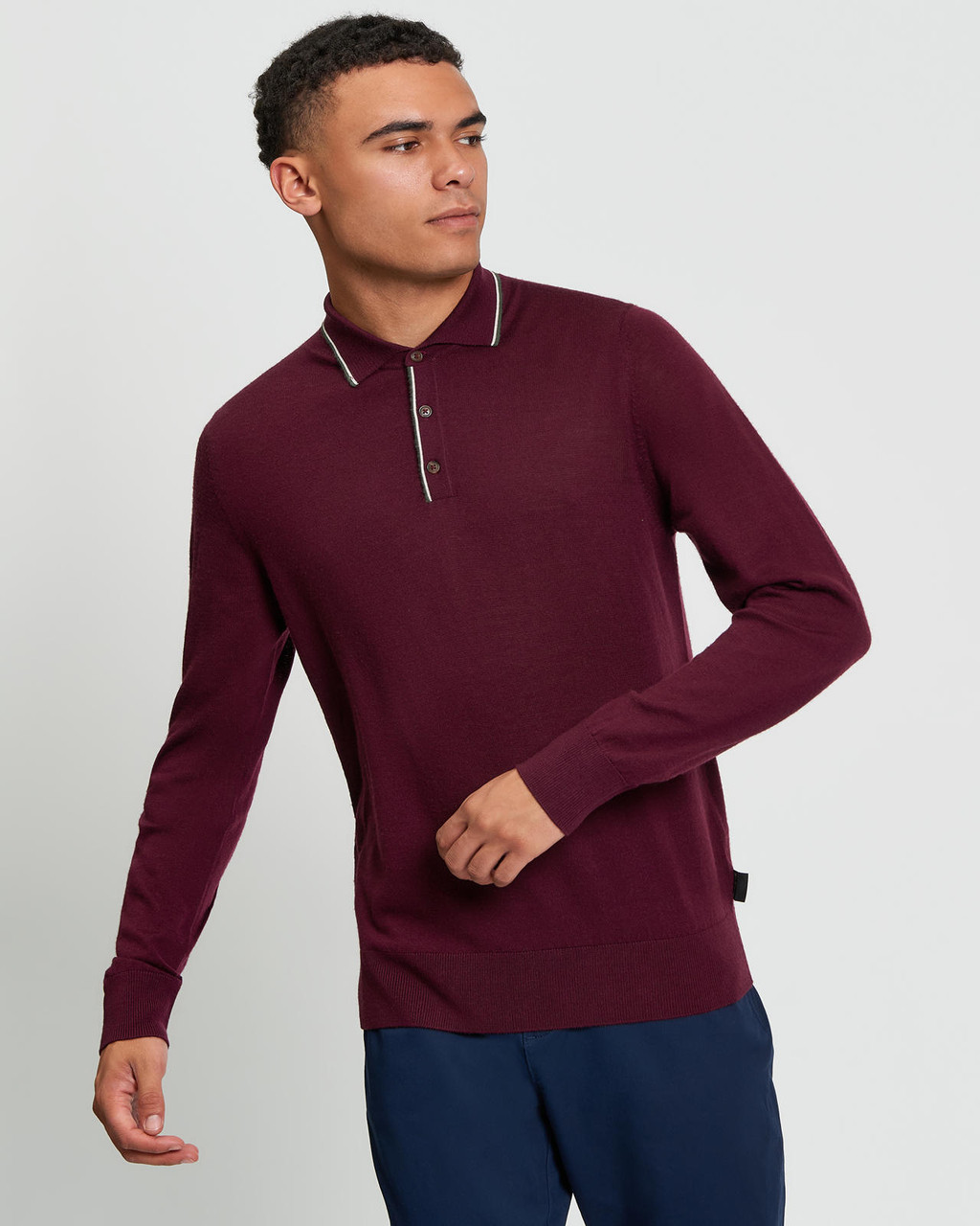 TIPPED MERINO POLO in Dark Wine