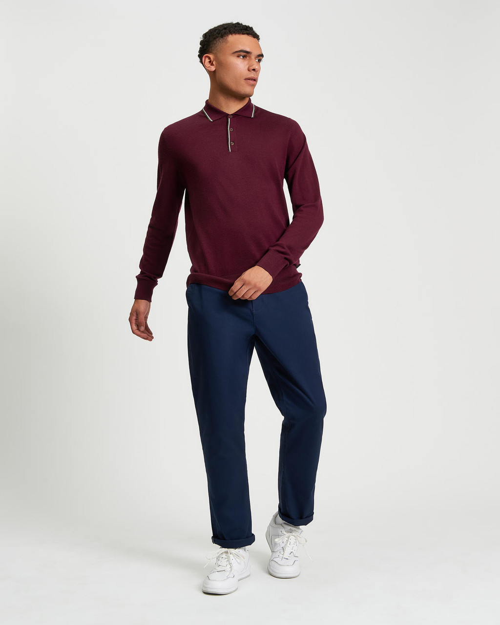 TIPPED MERINO POLO in Dark Wine