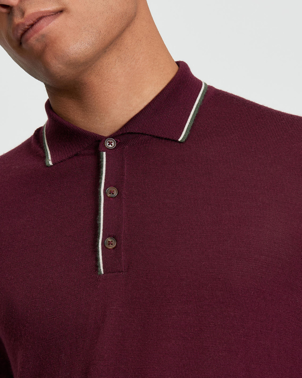 TIPPED MERINO POLO in Dark Wine