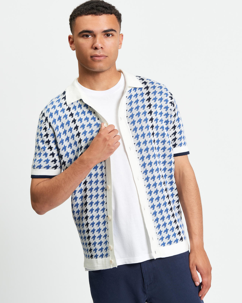 HOUNDSTOOTH BUTTON THROUGH POLO in Ivory