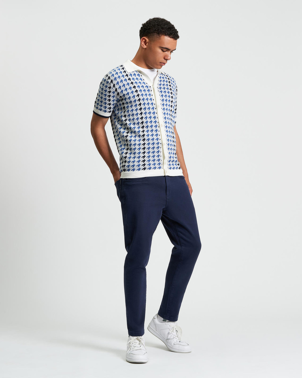 HOUNDSTOOTH BUTTON THROUGH POLO in Ivory