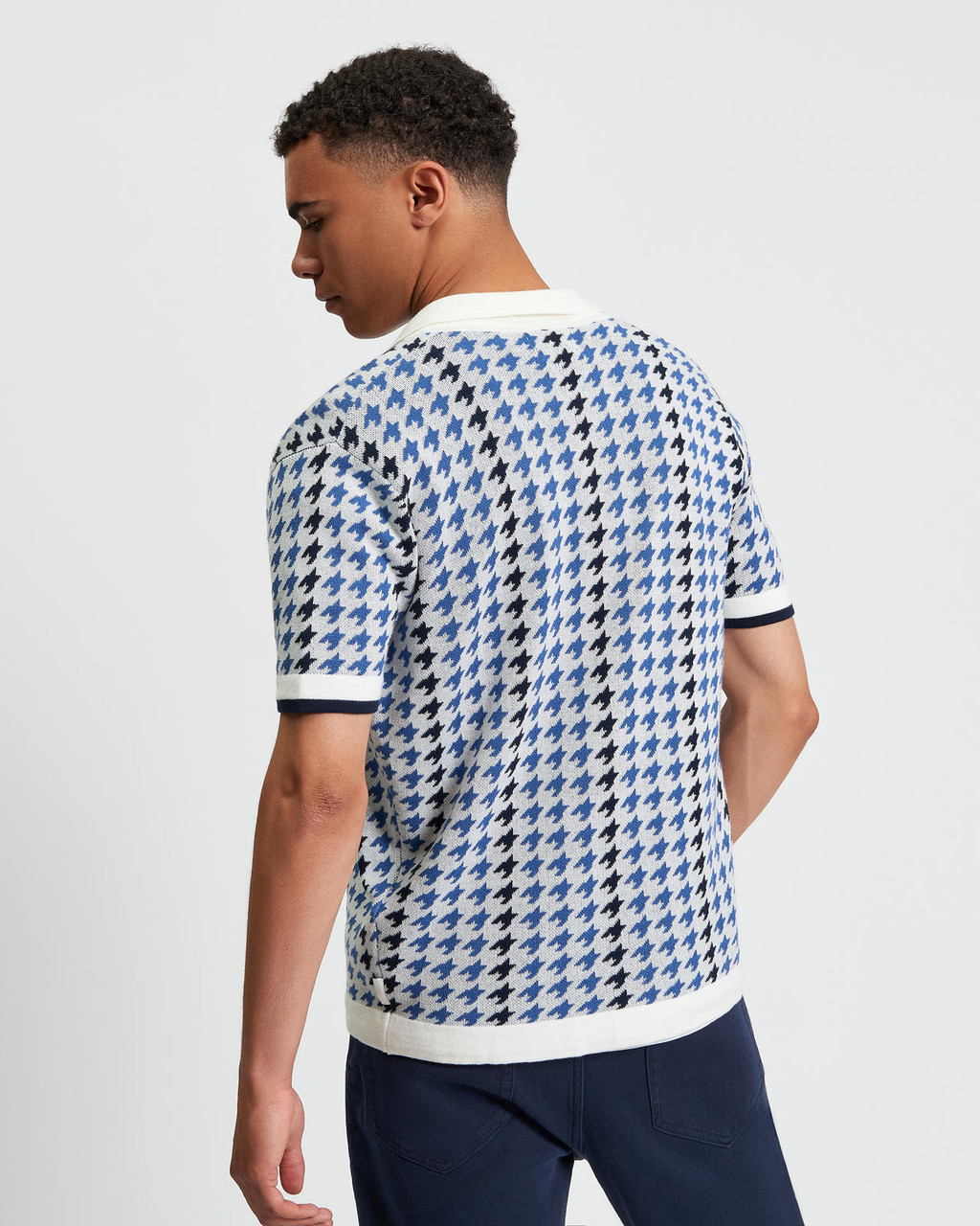 HOUNDSTOOTH BUTTON THROUGH POLO in Ivory