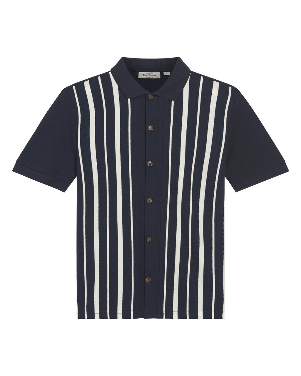 Button Through Stripe Polo in Dark Navy