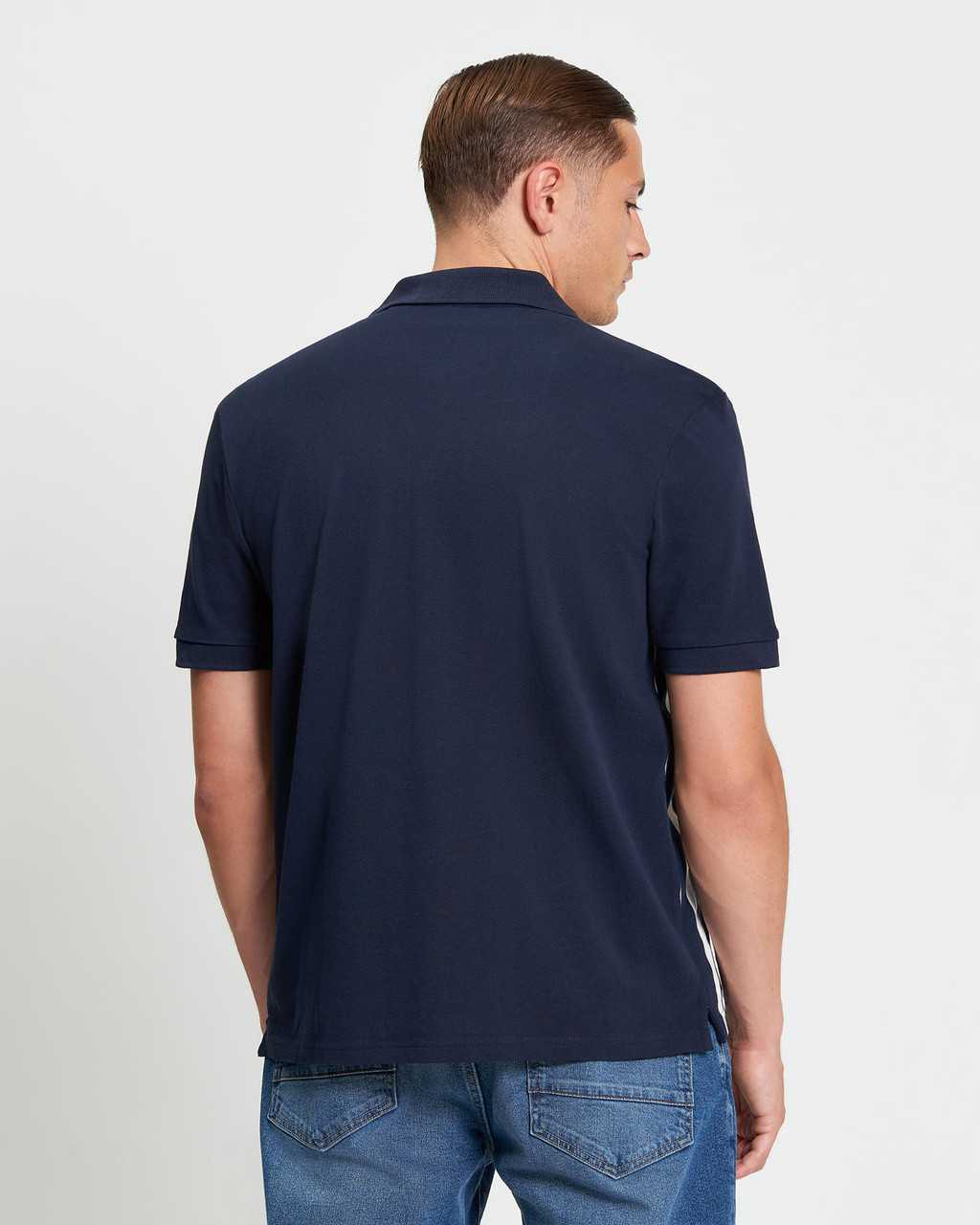 Button Through Stripe Polo in Dark Navy