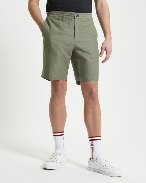 Linen Cotton Drawcord Shorts in Olive