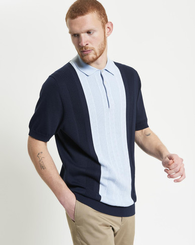 Textured Block Stripe Knitted Polo in Dark Navy - Ben Sherman US