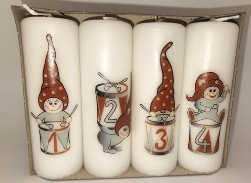 NEW - Advent Candles w Gnomes - Set of 4 - White, 4x12cm