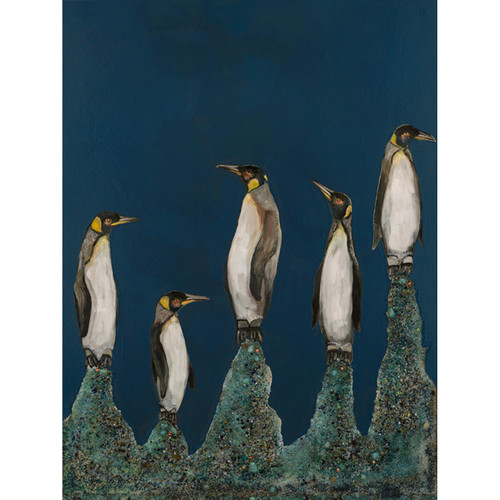 Penguin Colony On Indigo Stretched Canvas Wall Art