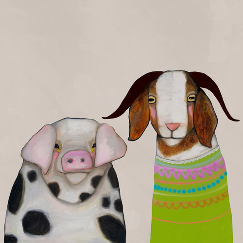 Pig And Goat Pals - Neutral Stretched Canvas Wall Art