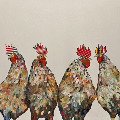 Roosters On Cream Stretched Canvas Wall Art