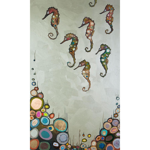 Seahorses on Celery Green Stretched Canvas Wall Art