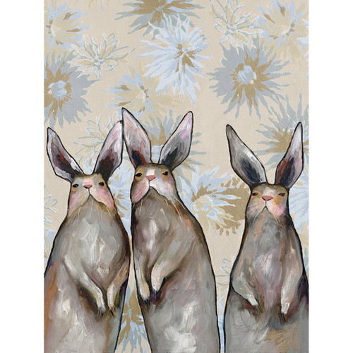Three Standing Rabbits - Floral Stretched Canvas Wall Art