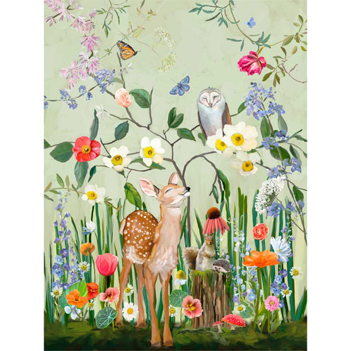 Springtime Friends - Fawn And Owl Stretched Canvas Wall Art