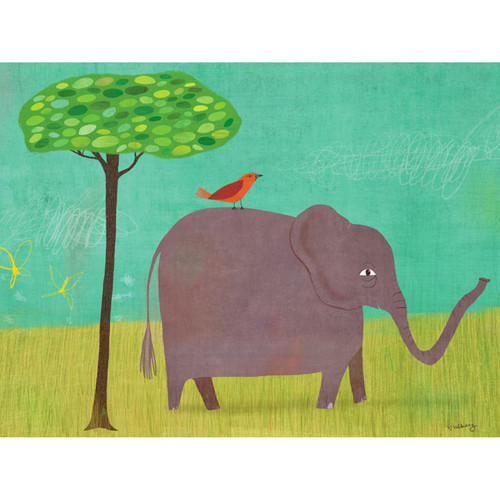 Elephant and Red Bird Stretched Canvas Wall Art