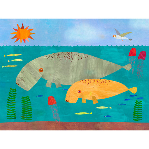 Manatees Mama and Baby Stretched Canvas Wall Art