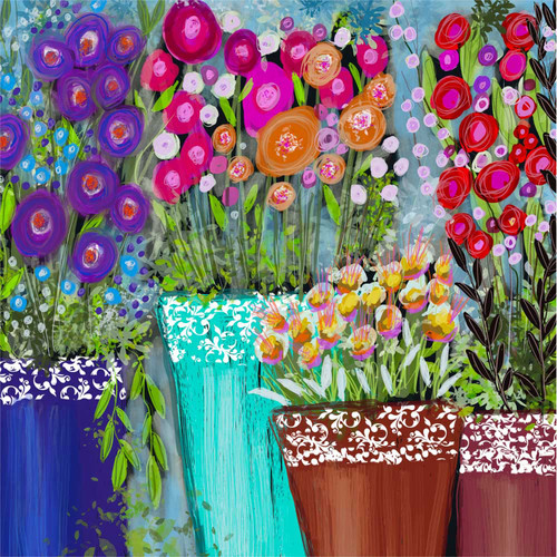 Cheerful Flower Pots Stretched Canvas Wall Art