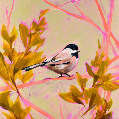Pink And Gold Chickadee Stretched Canvas Wall Art